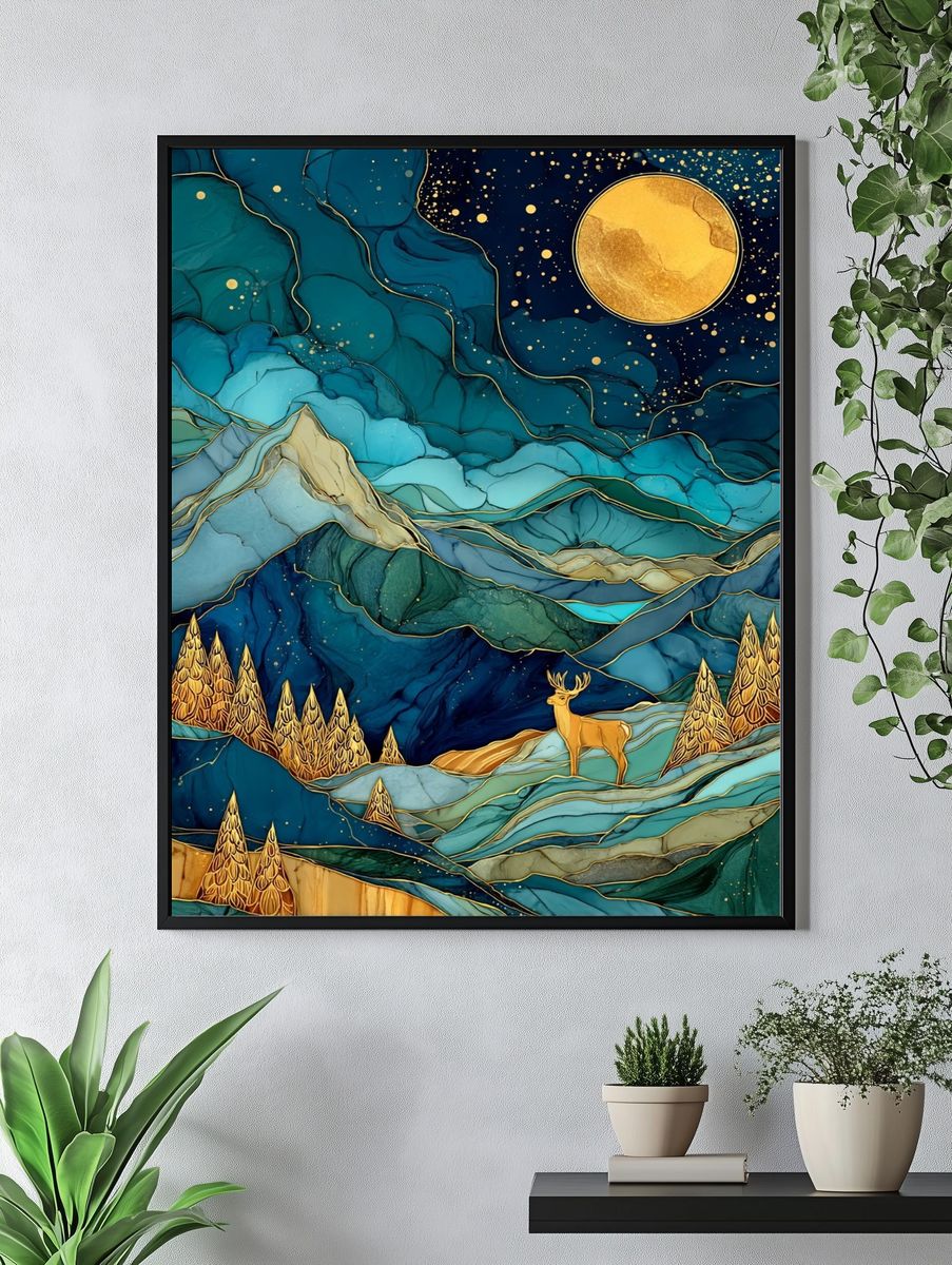 Moonlit Deer Landscape Abstract Print. — room view 4