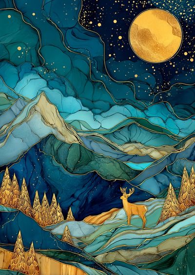 Moonlit Deer Landscape Abstract Print. poster print