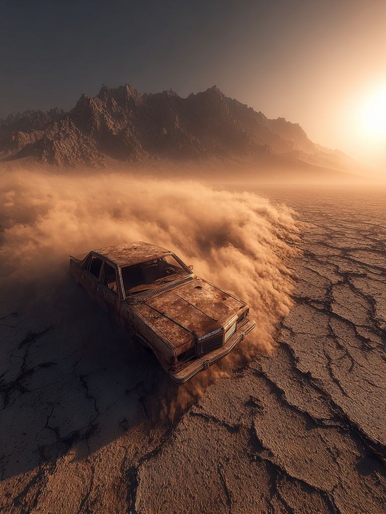 Abandoned Car in Desert Landscape Poster. poster — photography art