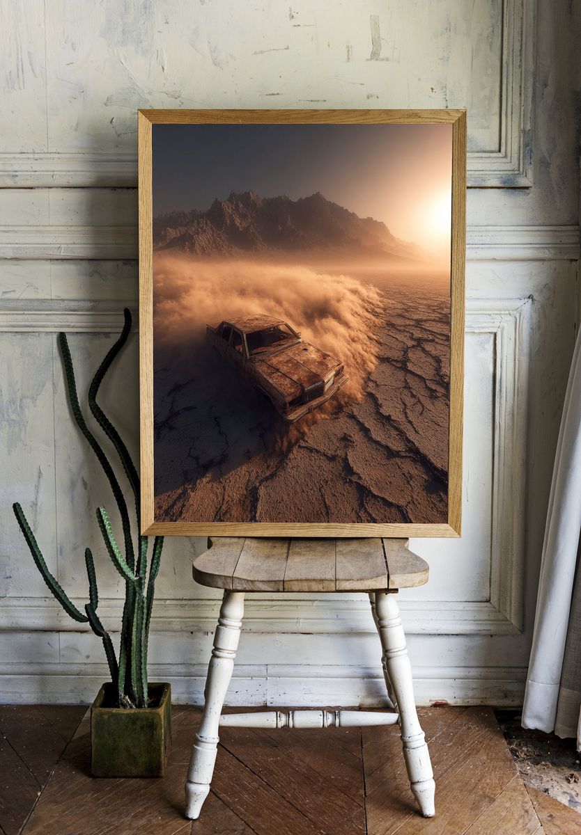 Abandoned Car in Desert Landscape Poster. — room view 1