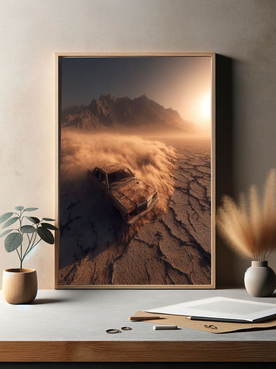 Abandoned Car in Desert Landscape Poster. — room view 2