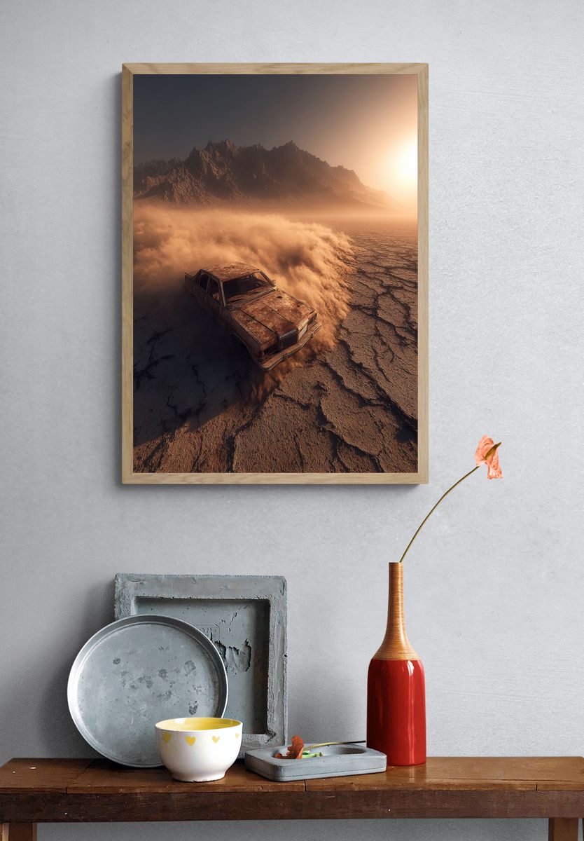 Abandoned Car in Desert Landscape Poster. — room view 3