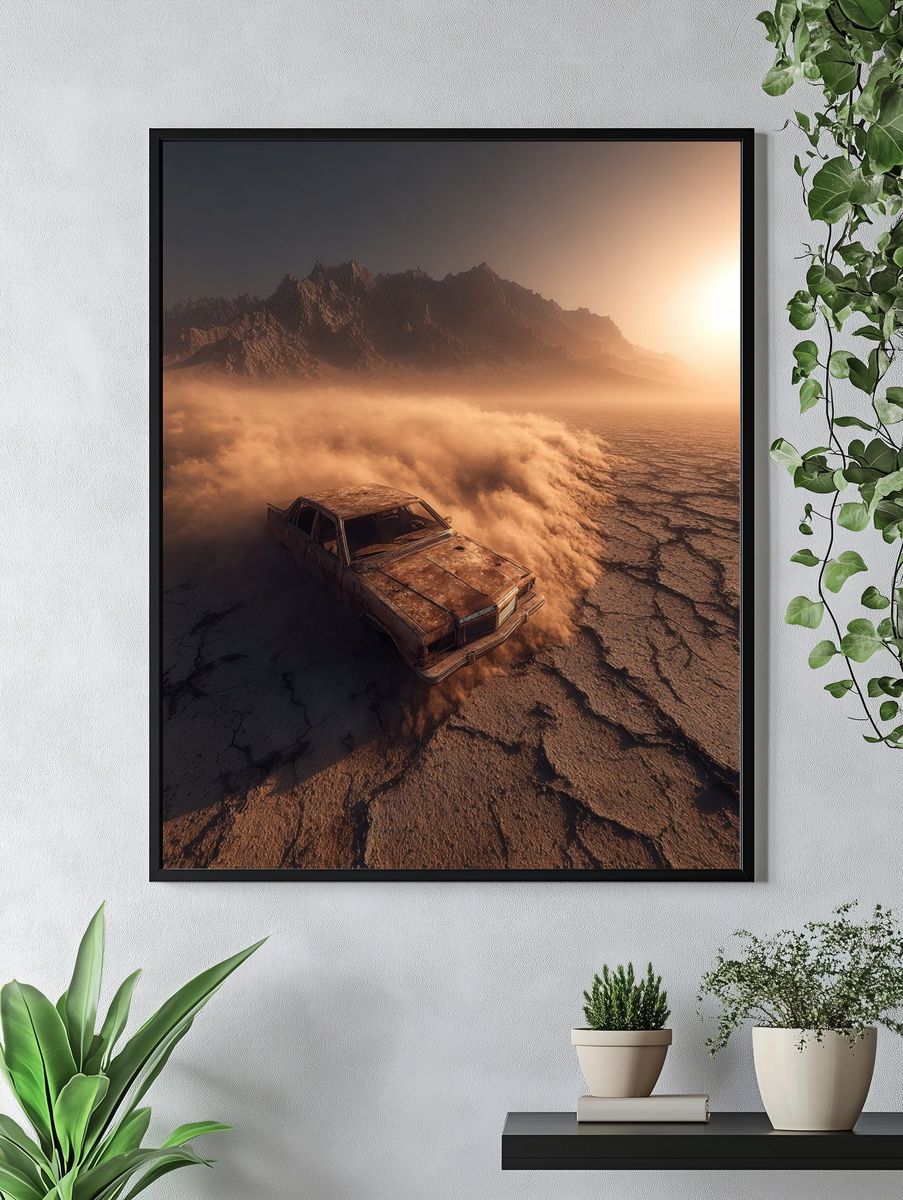 Abandoned Car in Desert Landscape Poster. — room view 4