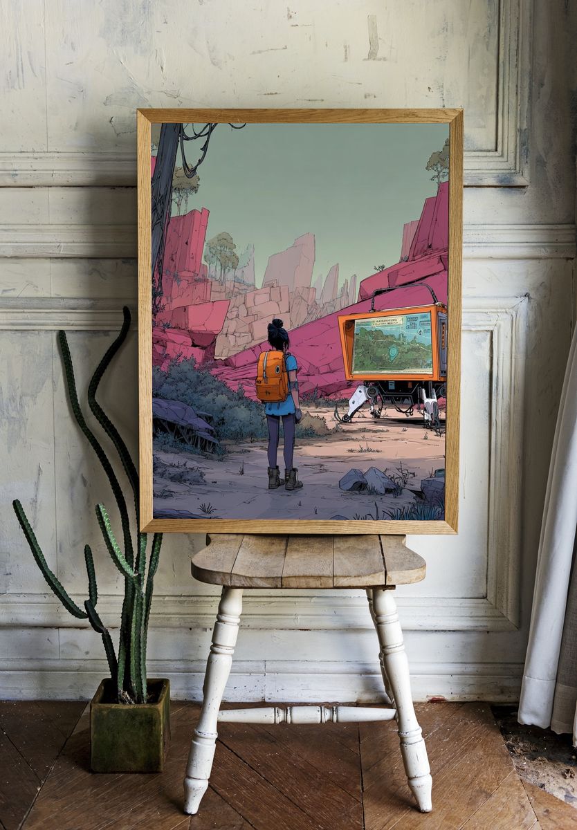 Adventurer in a Futuristic Landscape — Digital Art Print. — room view 1