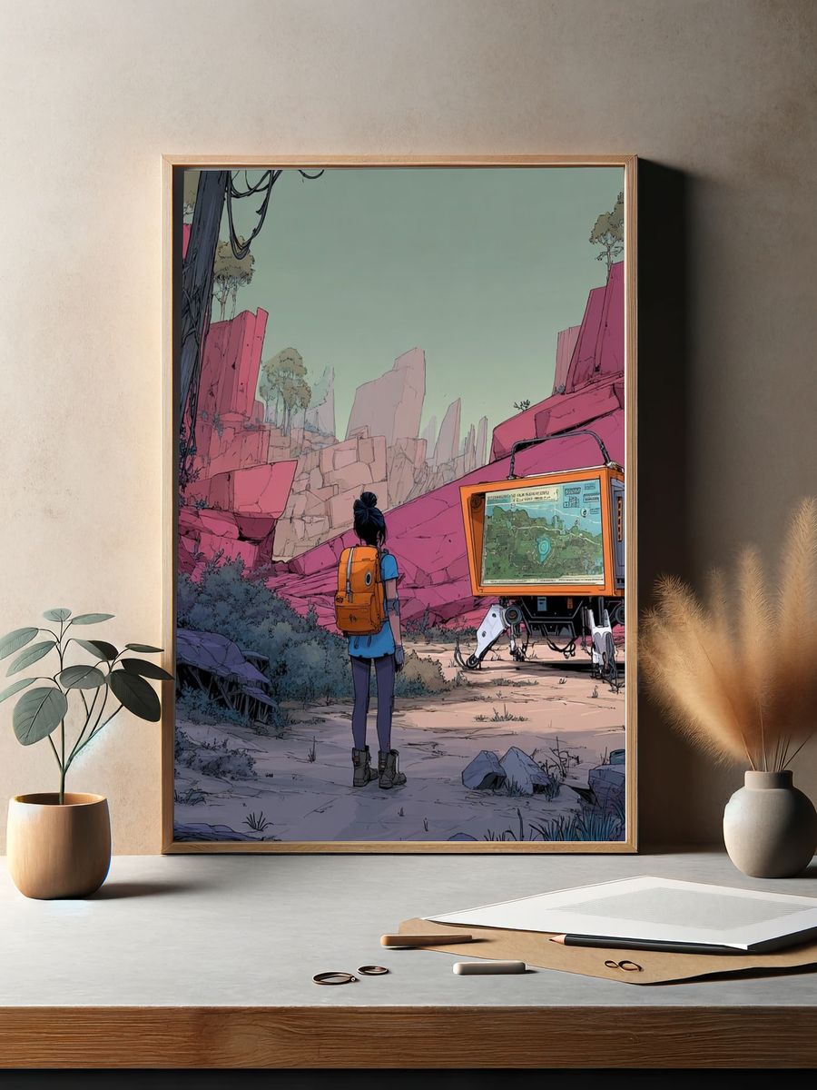 Adventurer in a Futuristic Landscape — Digital Art Print. — room view 2