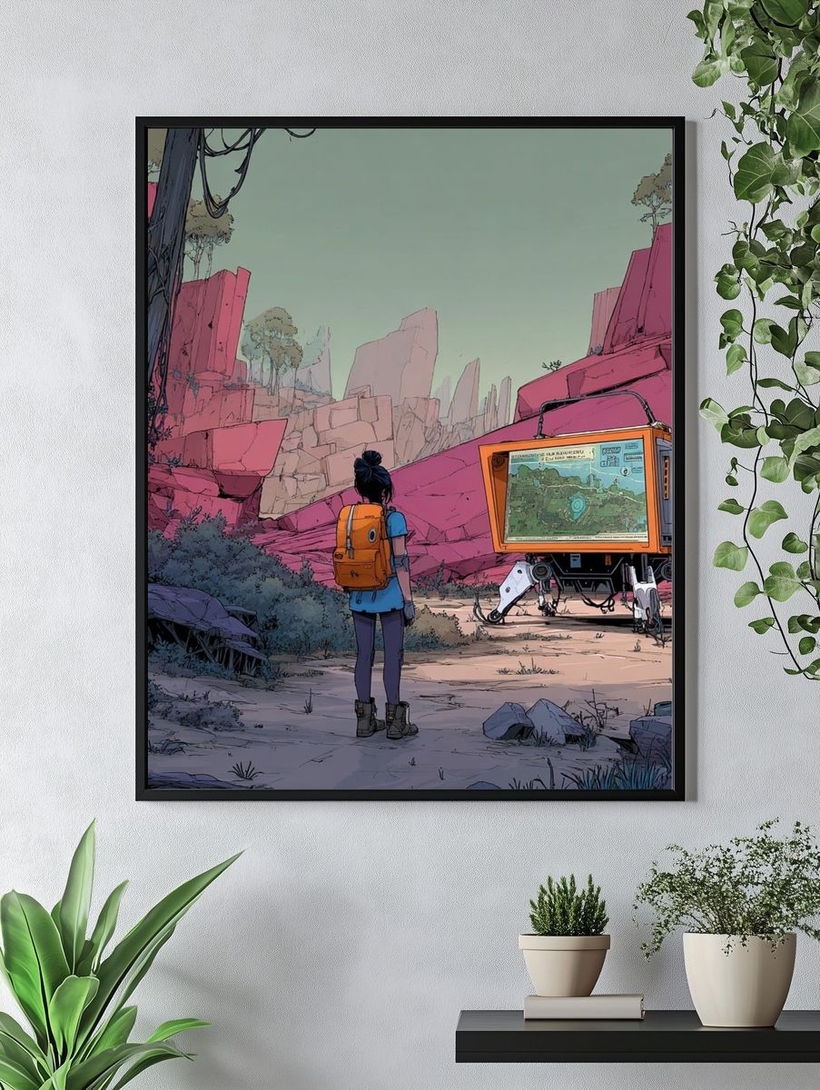 Adventurer in a Futuristic Landscape — Digital Art Print. — room view 4