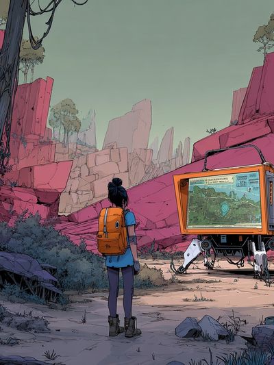 Adventurer in a Futuristic Landscape — Digital Art Print. poster print