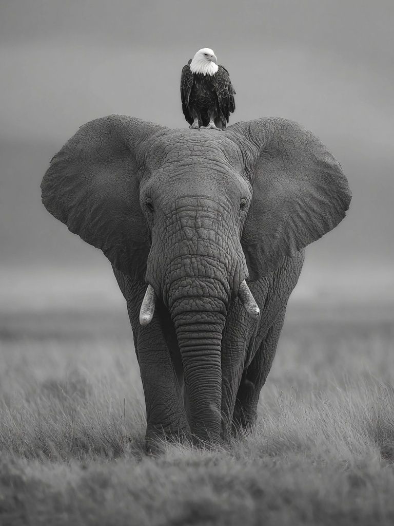Elephant and Eagle — Black-White Print. poster — animals art