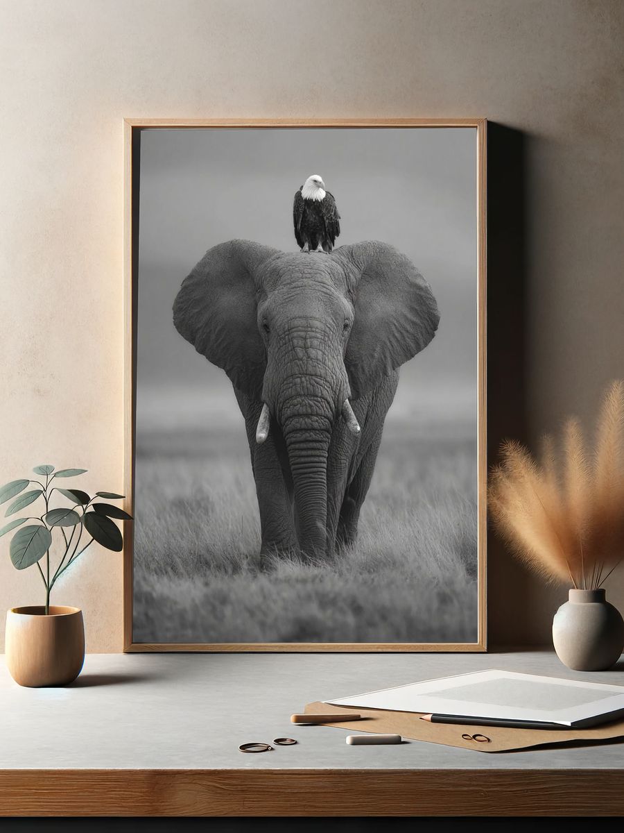 Elephant and Eagle — Black-White Print. — room view 2