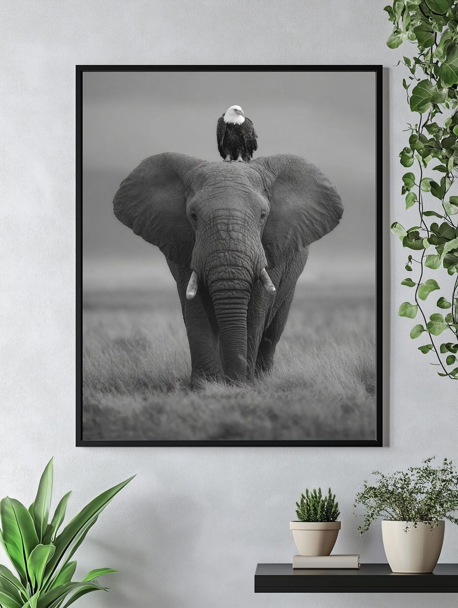 Elephant and Eagle — Black-White Print. — room view 4