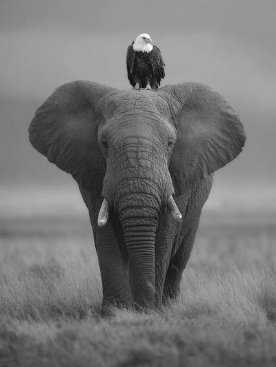 Elephant and Eagle — Black-White Print. poster