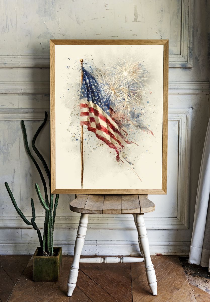 American Flag with Fireworks — Watercolor Print. — room view 1