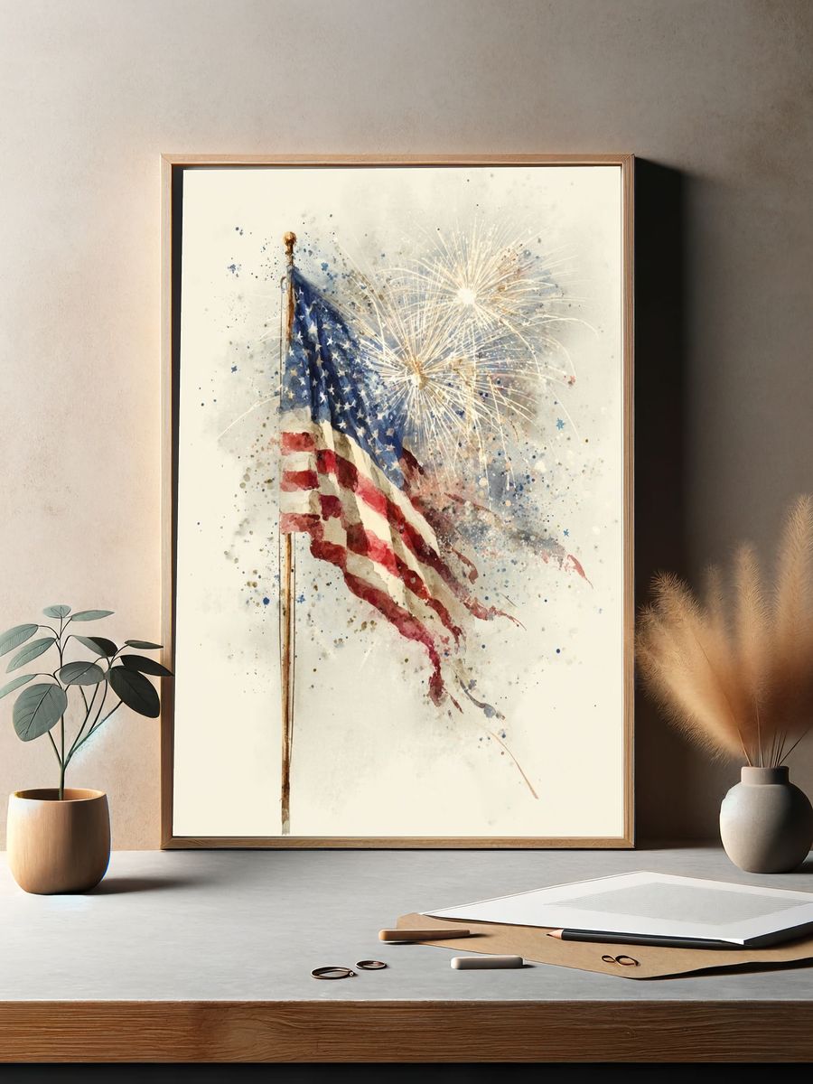 American Flag with Fireworks — Watercolor Print. — room view 2