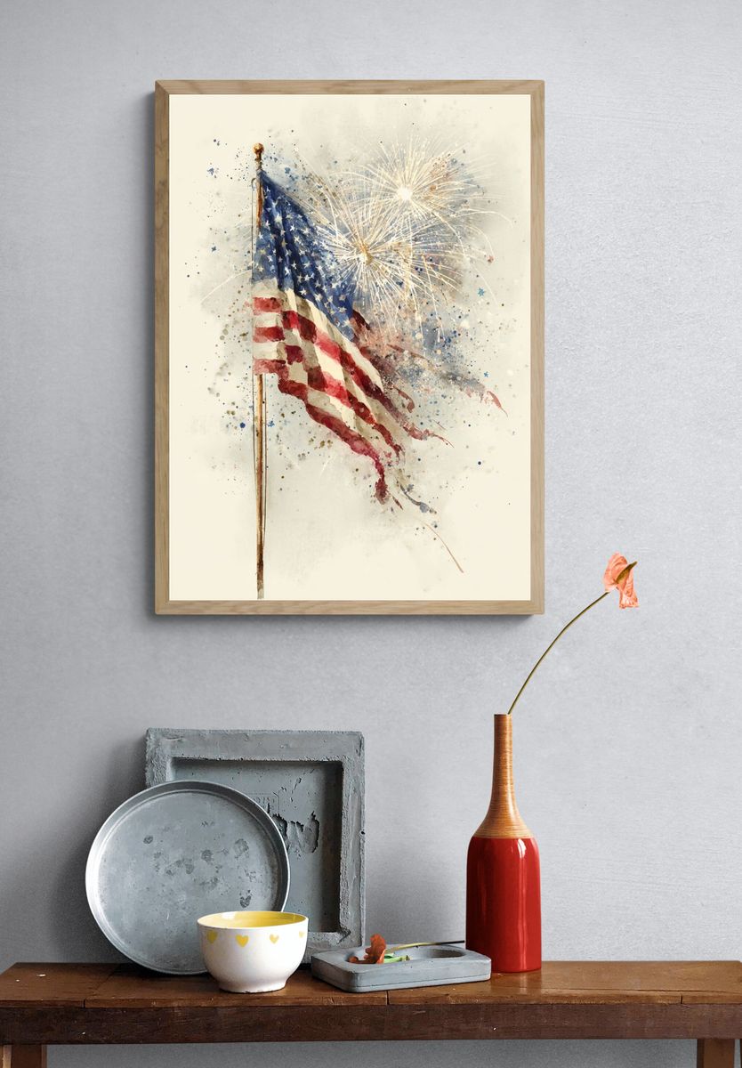 American Flag with Fireworks — Watercolor Print. — room view 3