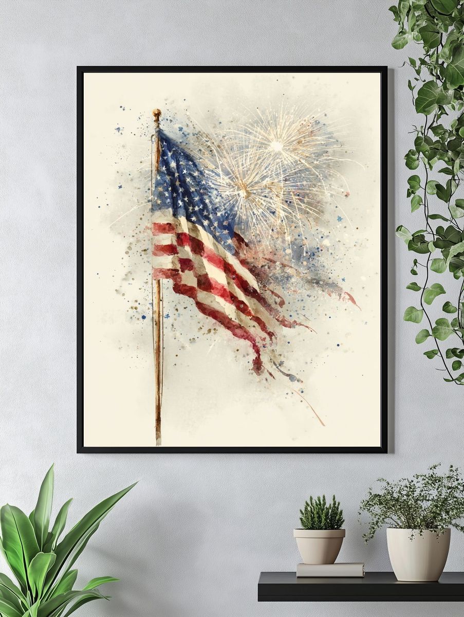 American Flag with Fireworks — Watercolor Print. — room view 4