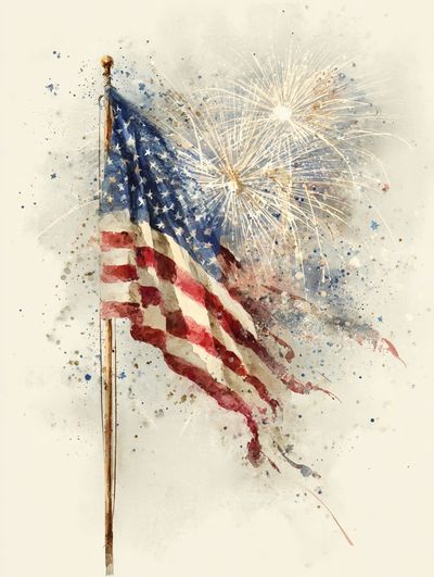 American Flag with Fireworks — Watercolor Print. poster print