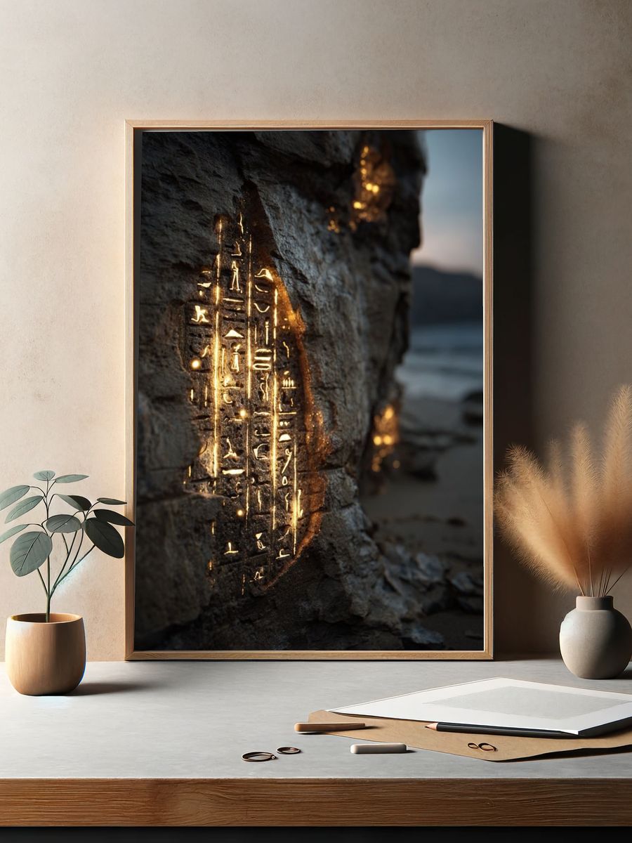 Ancient Hieroglyphs on Rock — Fine Art Print. — room view 2
