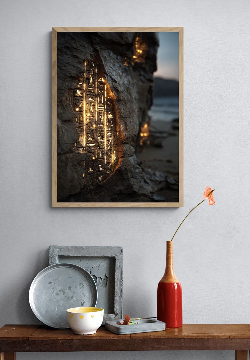 Ancient Hieroglyphs on Rock — Fine Art Print. — room view 3
