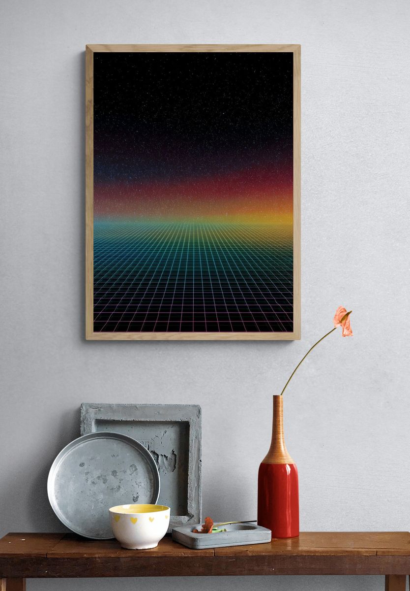 Neon Grid Horizon Poster. — room view 3