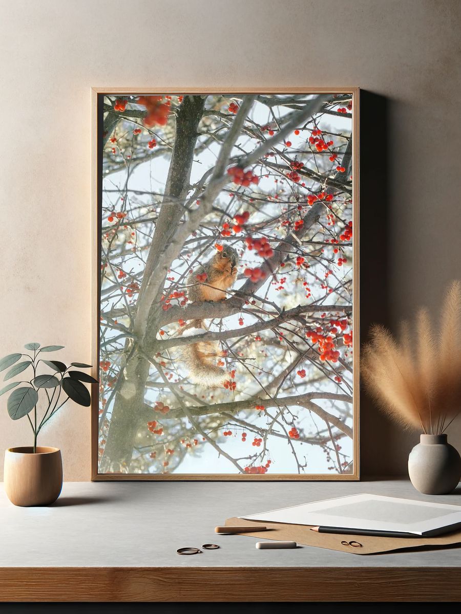 Winter Squirrel in Berry Tree Poster. — room view 2
