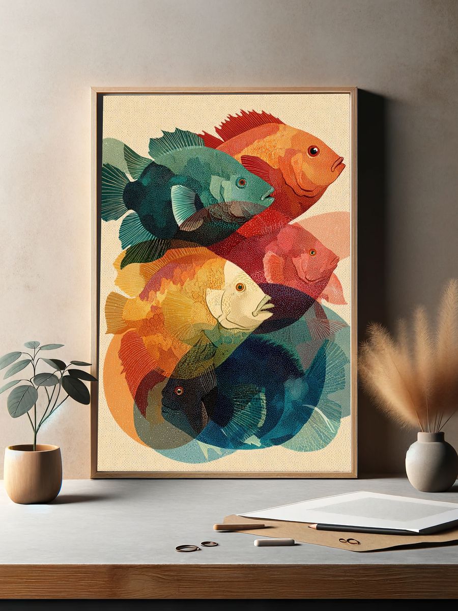 Colorful Fish Collage Illustration Poster. — room view 2