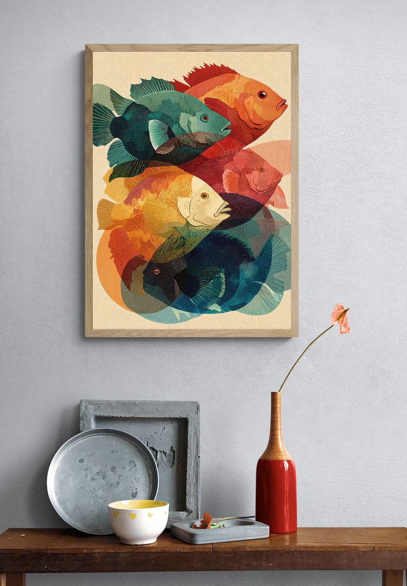 Colorful Fish Collage Illustration Poster. — room view 3