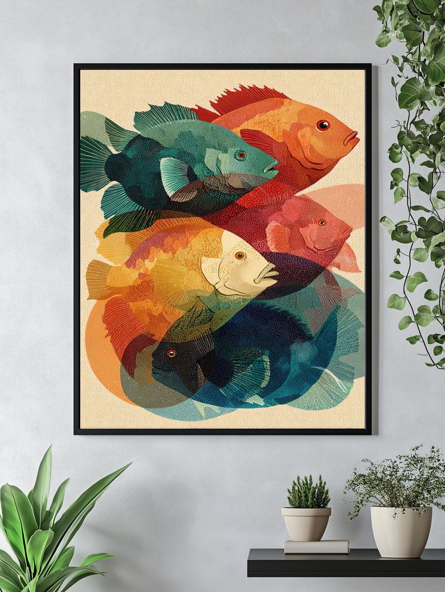 Colorful Fish Collage Illustration Poster. — room view 4