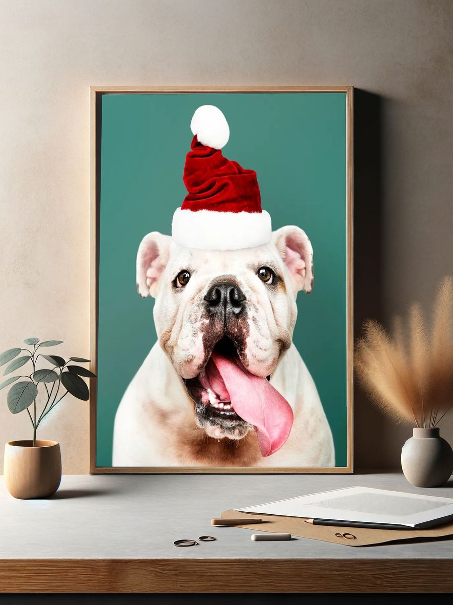 Bulldog Santa Hat Portrait Print. — room view 2