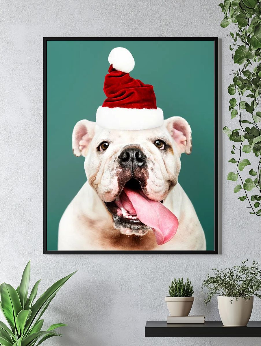 Bulldog Santa Hat Portrait Print. — room view 4