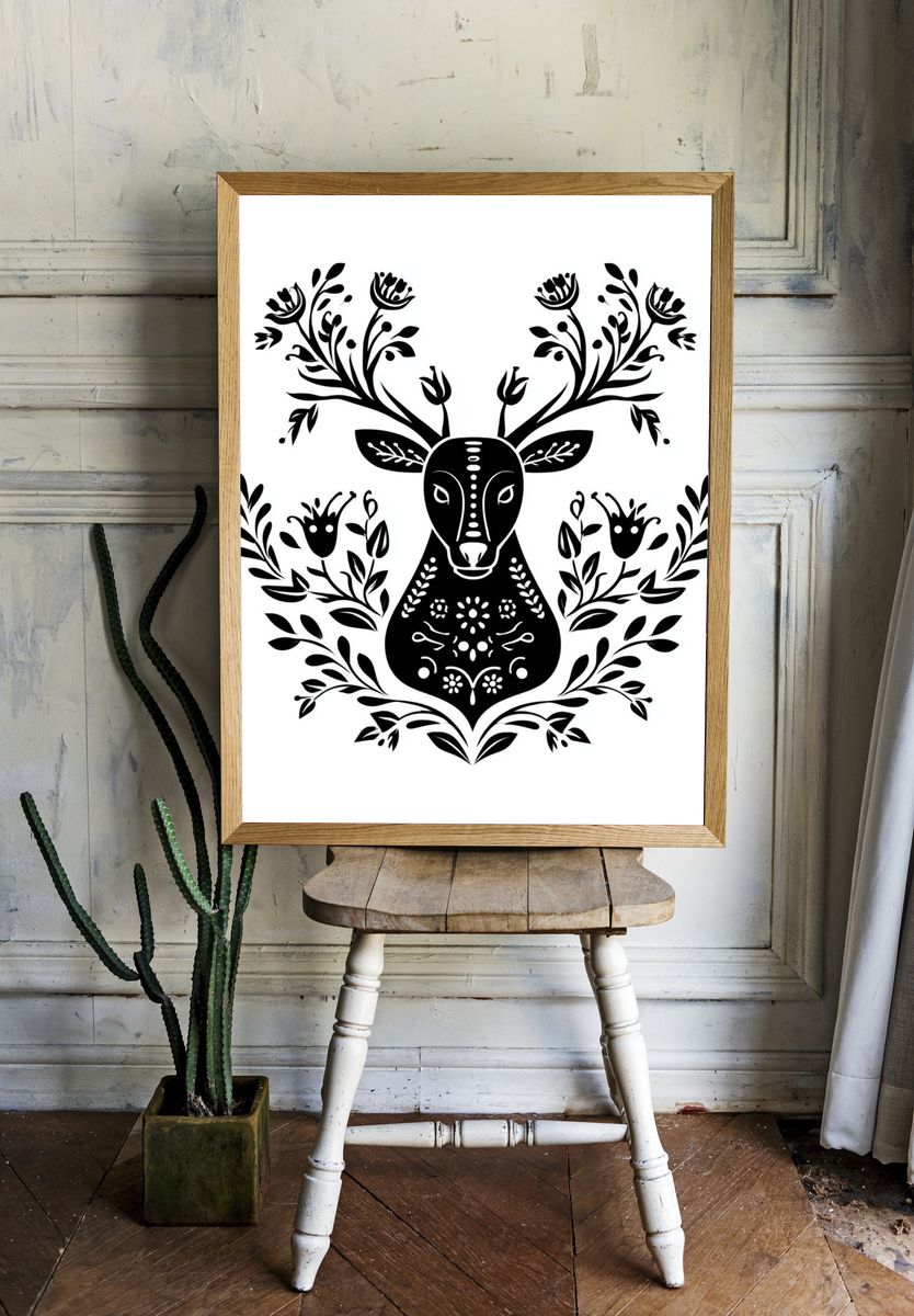 Floral Deer Line Art Poster. — room view 1