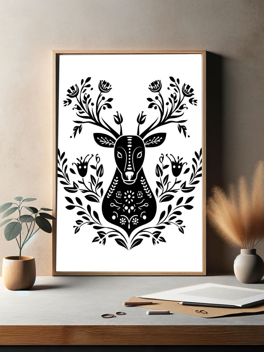 Floral Deer Line Art Poster. — room view 2