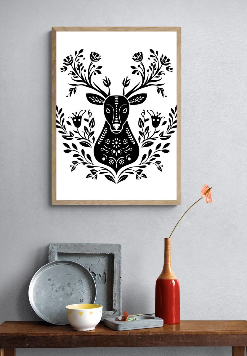 Floral Deer Line Art Poster. — room view 3
