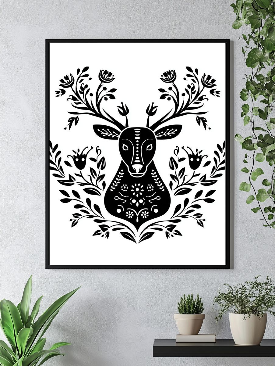 Floral Deer Line Art Poster. — room view 4