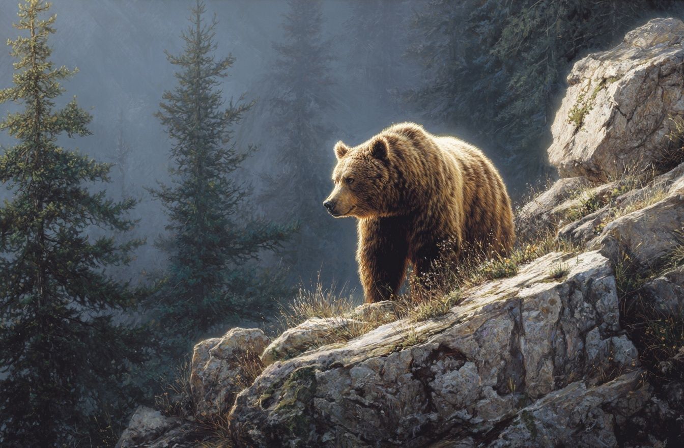 Grizzly Bear on Rocky Cliff Print. poster — animals art