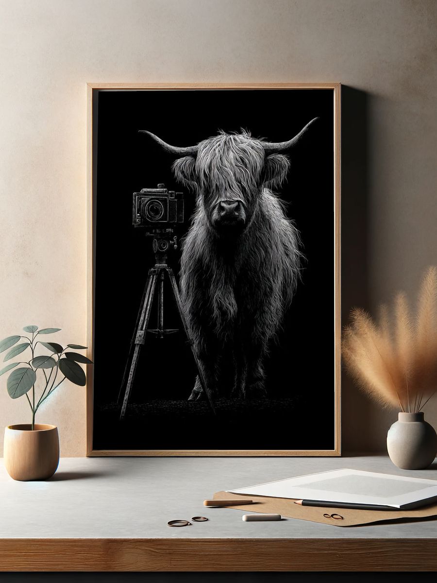 Highland Cow Camera Portrait Print. — room view 2