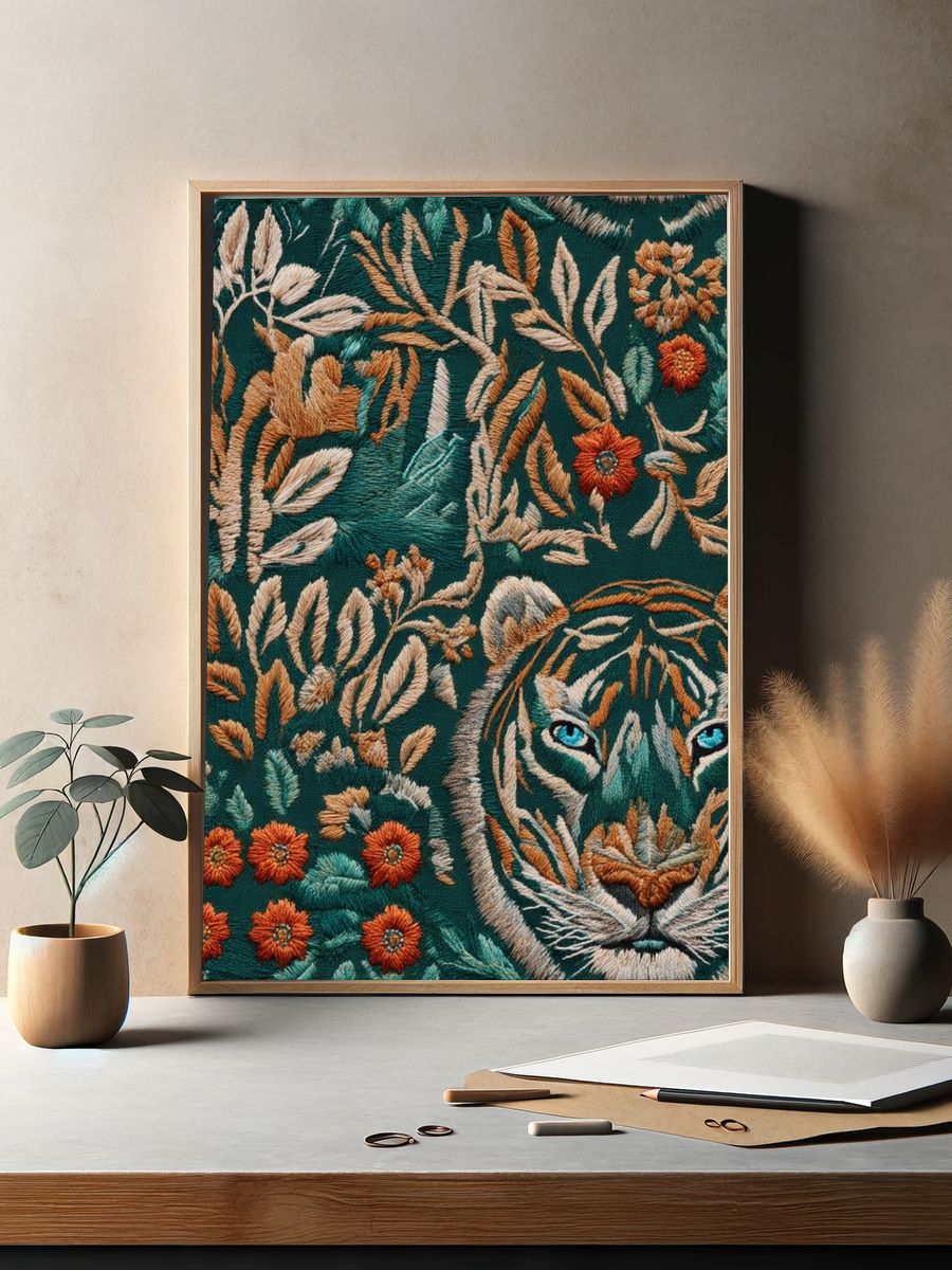 Tiger Floral Embroidery Print. — room view 2