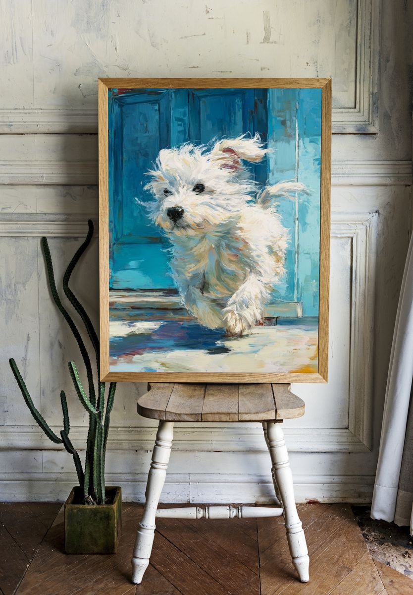 White Puppy Blue Door Illustration Poster. — room view 1