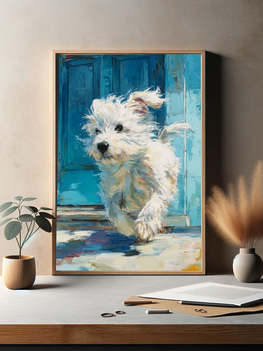 White Puppy Blue Door Illustration Poster. — room view 2