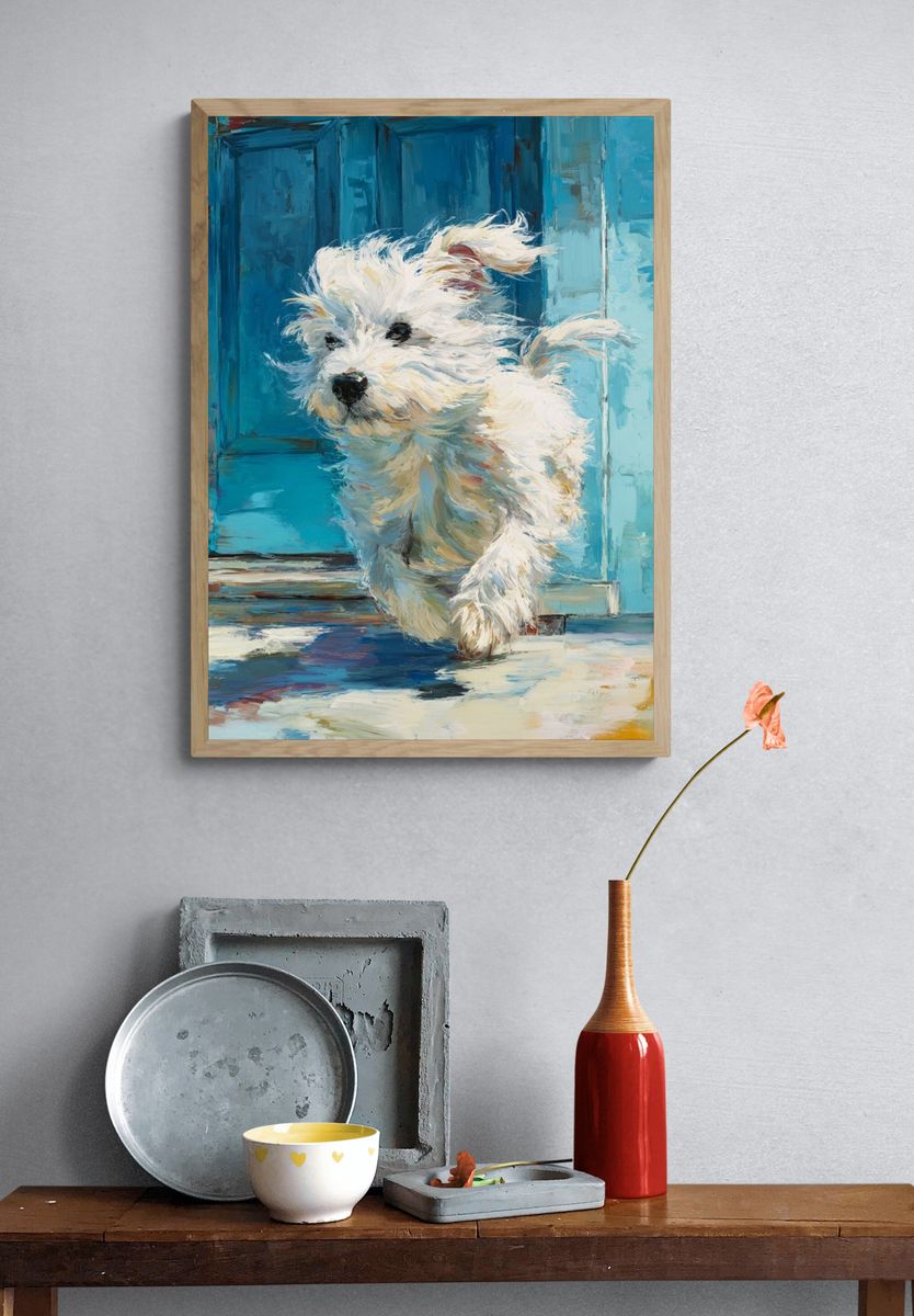 White Puppy Blue Door Illustration Poster. — room view 3