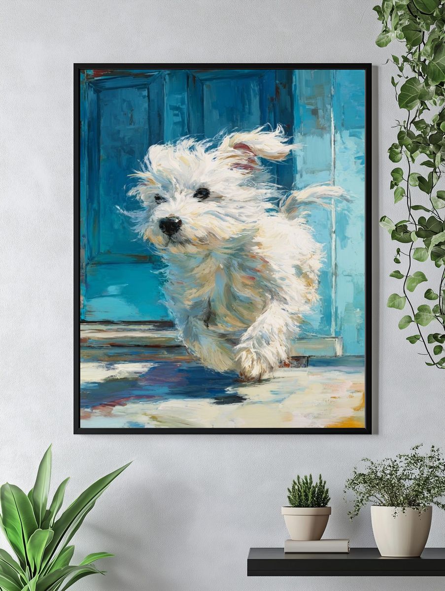 White Puppy Blue Door Illustration Poster. — room view 4