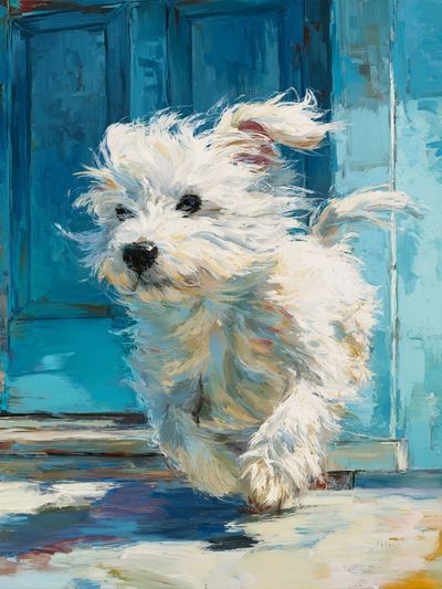 White Puppy Blue Door Illustration Poster. poster