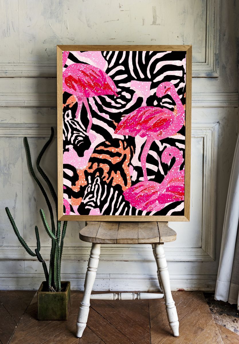 Flamingo Zebra Pattern Print. — room view 1
