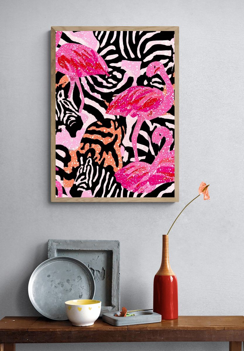 Flamingo Zebra Pattern Print. — room view 3