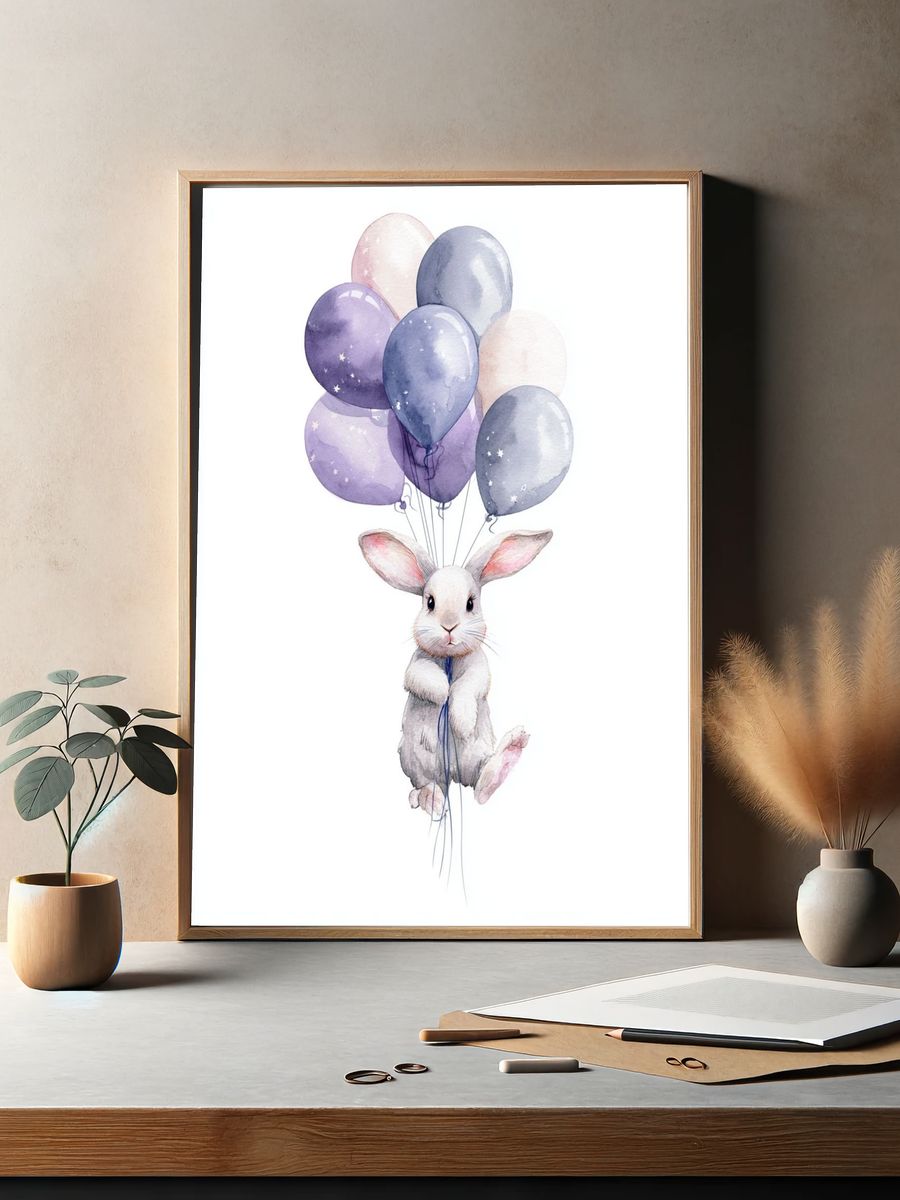 Balloon Bunny Watercolor Poster. — room view 2