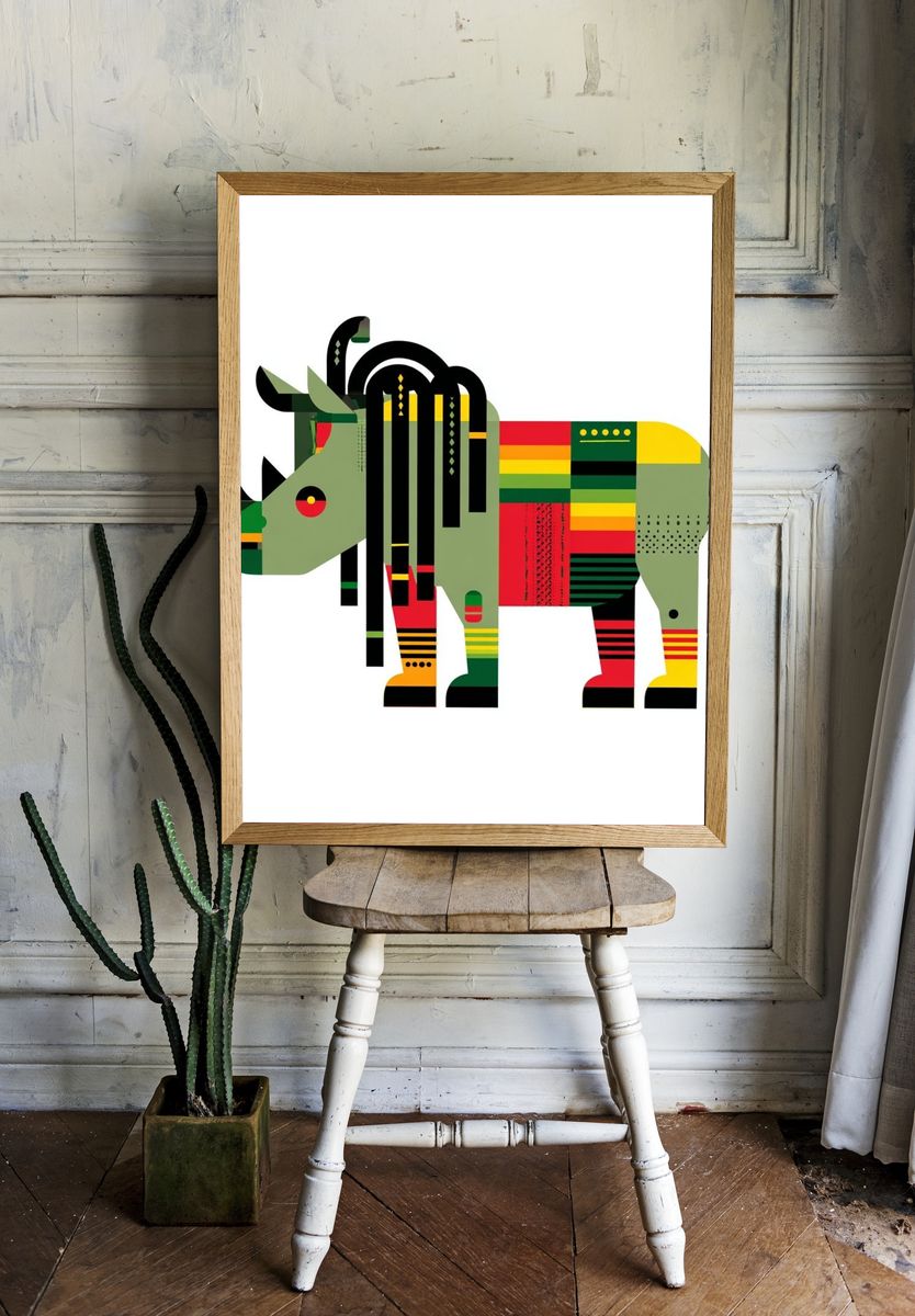 Geometric Rhino Illustration Poster. — room view 1