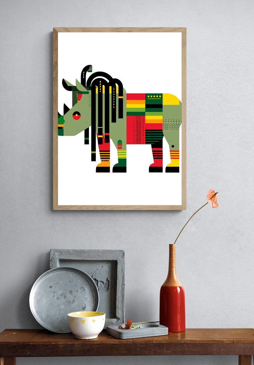Geometric Rhino Illustration Poster. — room view 3