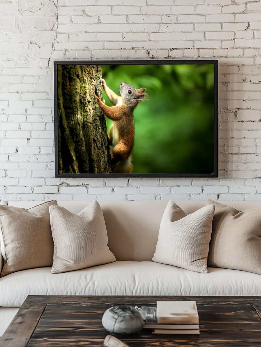 Red Squirrel on Tree Trunk Photography Poster. — room view 1