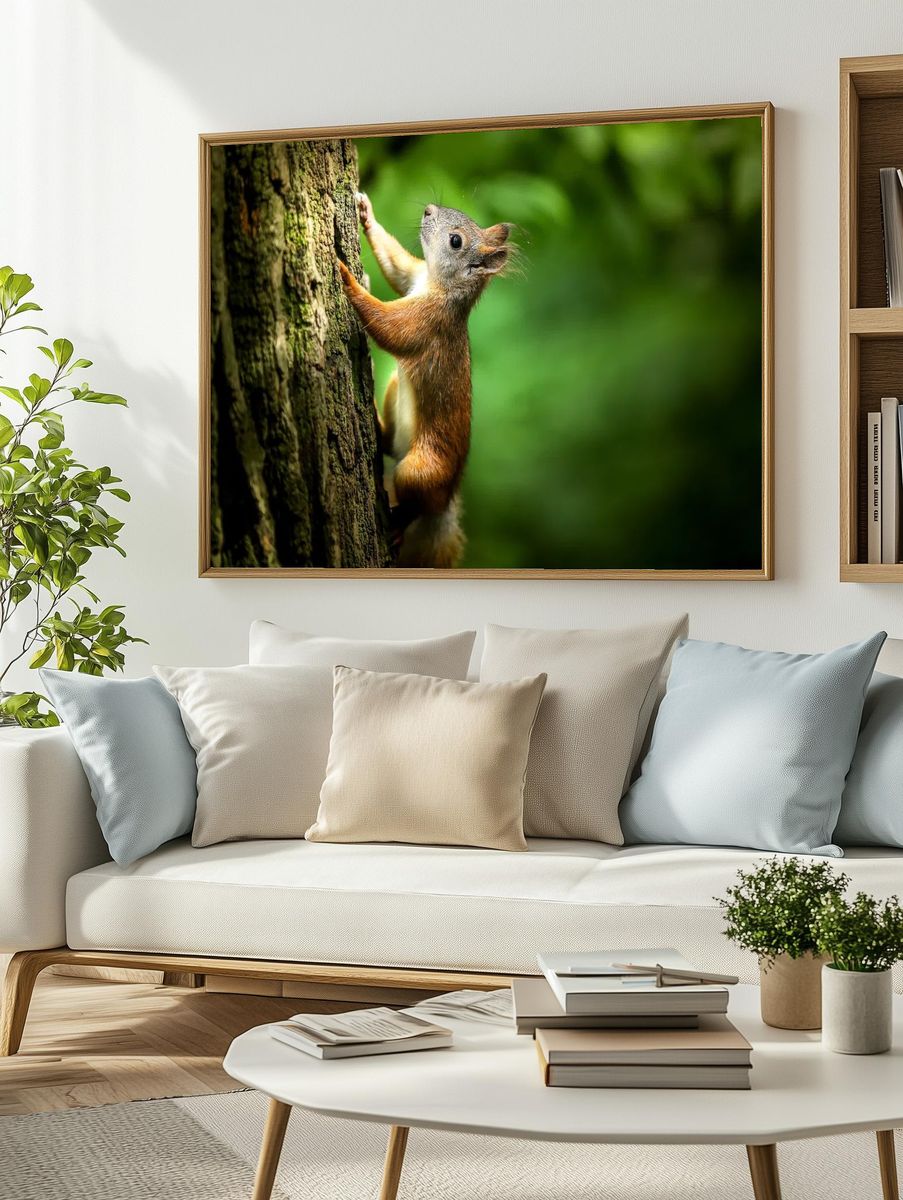 Red Squirrel on Tree Trunk Photography Poster. — room view 2