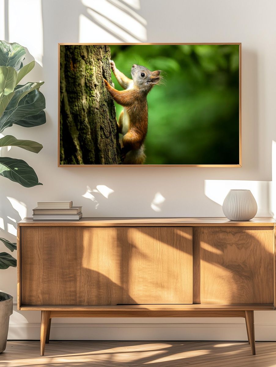 Red Squirrel on Tree Trunk Photography Poster. — room view 3