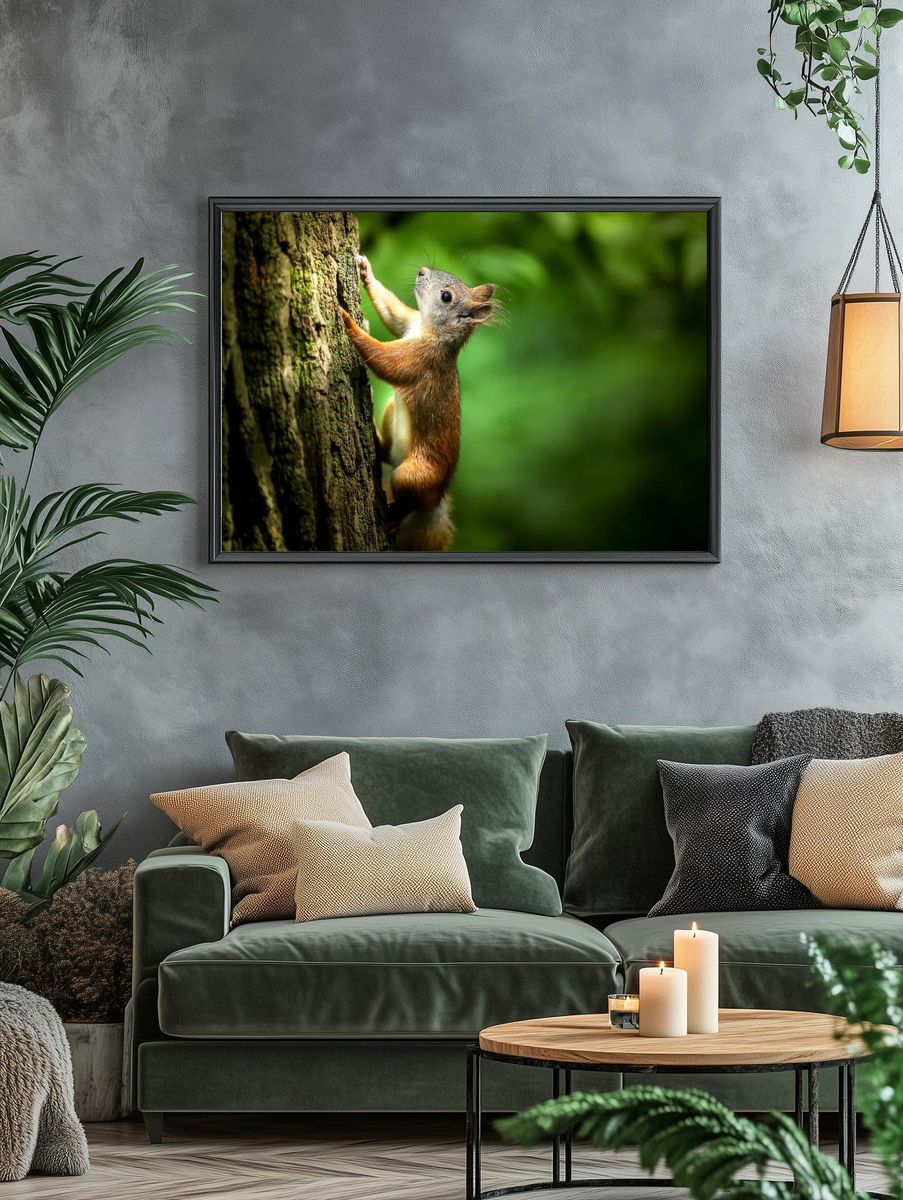 Red Squirrel on Tree Trunk Photography Poster. — room view 4